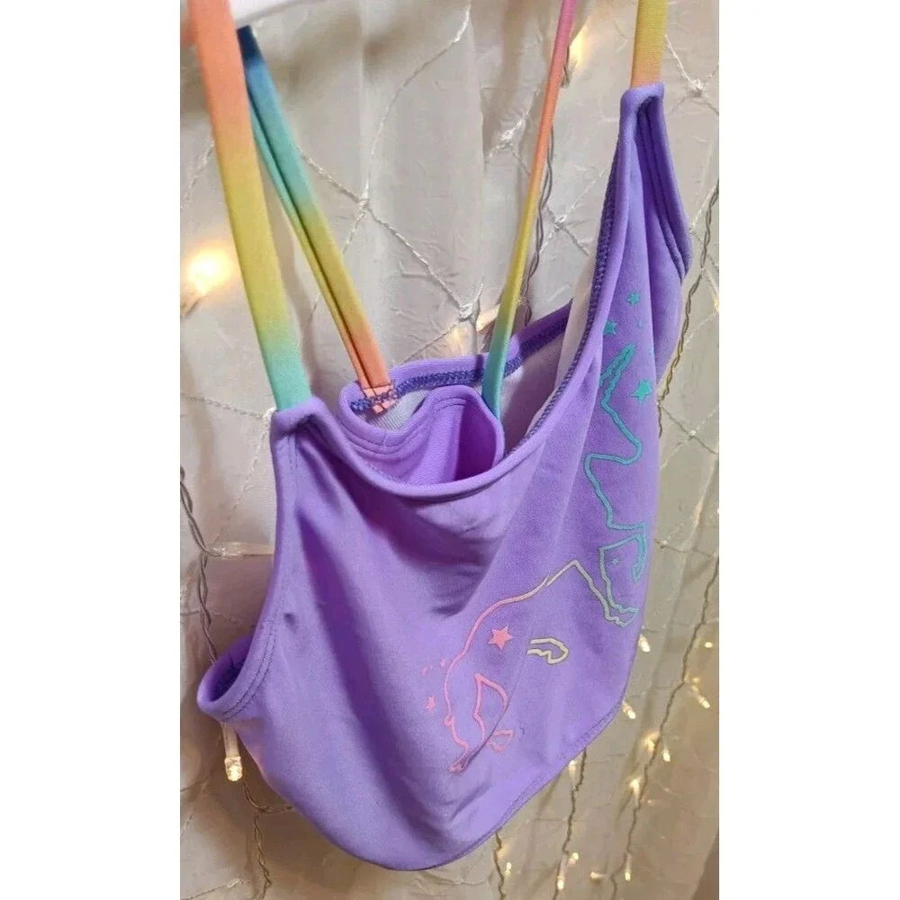 CAT & JACK GIRLS XL (14) PURPLE UNICORN SWIMSUIT TANKINI RAINBOW GRAPHIC FANTASY